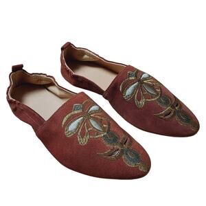 Sundance Bird of Flight Embroidered Rust Red Suede Ballet Flats Size 10